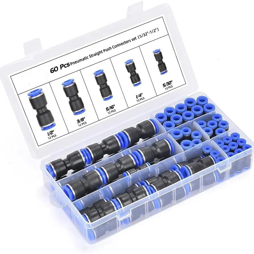 60-piece quick pneumatic push-in connector kit with R1/4 and R1/2 fittings