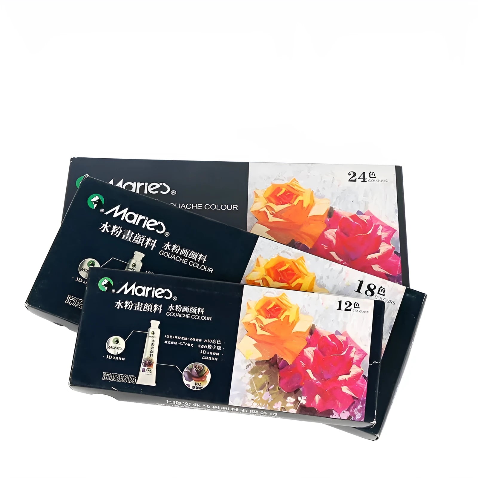 Gouache paint set boxes showing 12, 18, and 24 colour options with 5ml and 12ml tube sizes