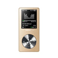 Gold all-metal portable MP3 music player with a 1.8-inch screen showing a music menu.