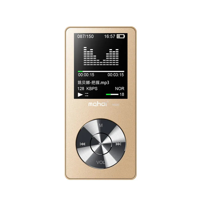 Gold all-metal portable MP3 music player with a 1.8-inch screen showing a music menu.