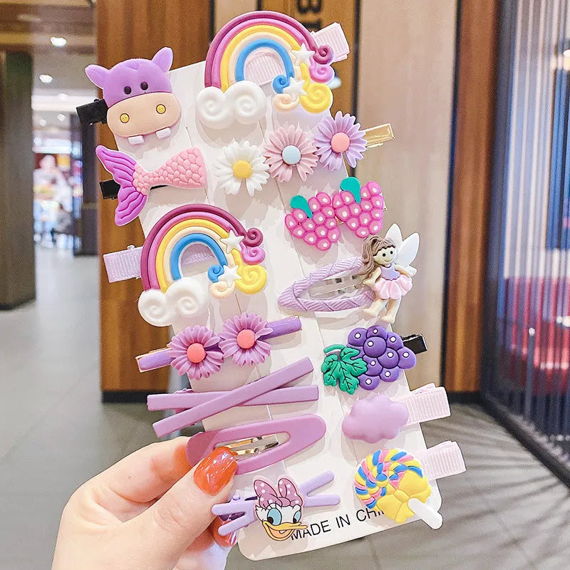 14 piece toddler hair accessories set with rainbow, candy fruit, and butterfly designs in bright colours