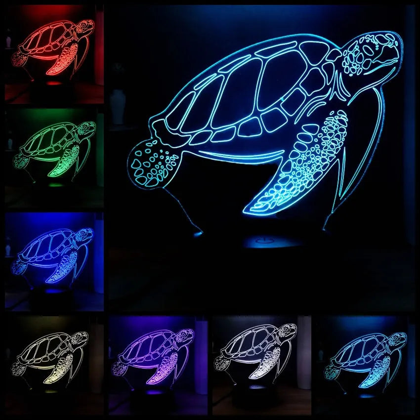 3D acrylic turtle-shaped LED night light showing multiple colour options and detailed sculpting