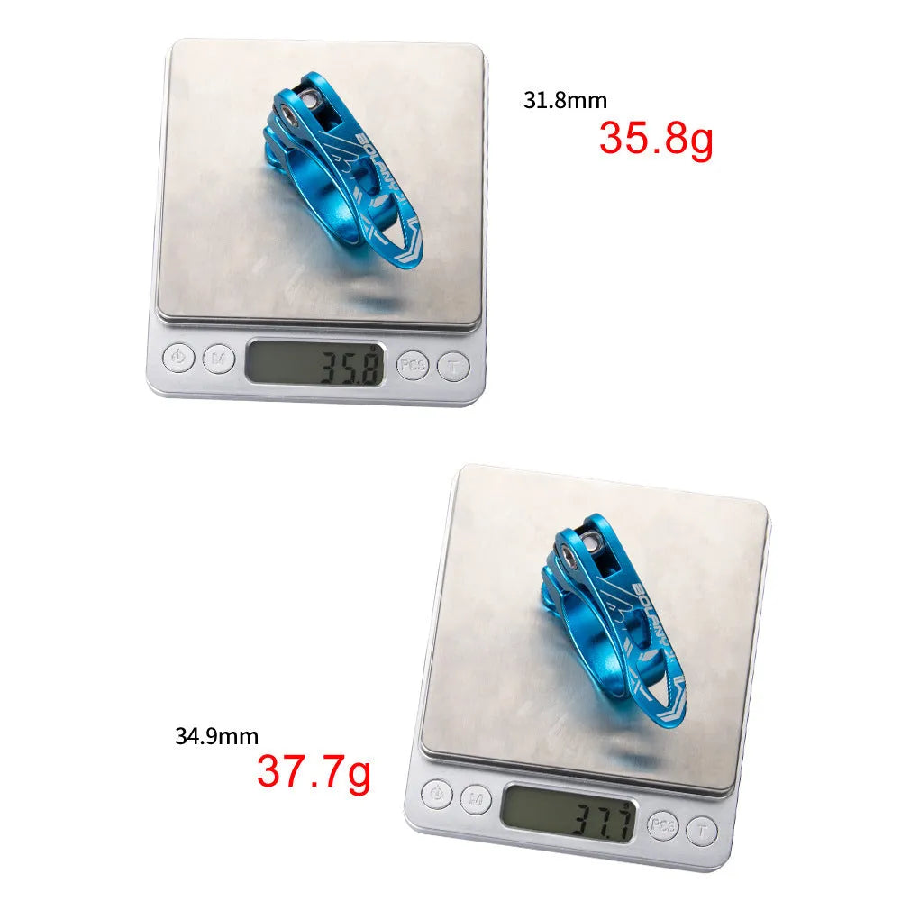 Aluminium alloy mountain bicycle seat post clamp in black, blue, gold, or red colour with 31.8mm or 34.9mm size options