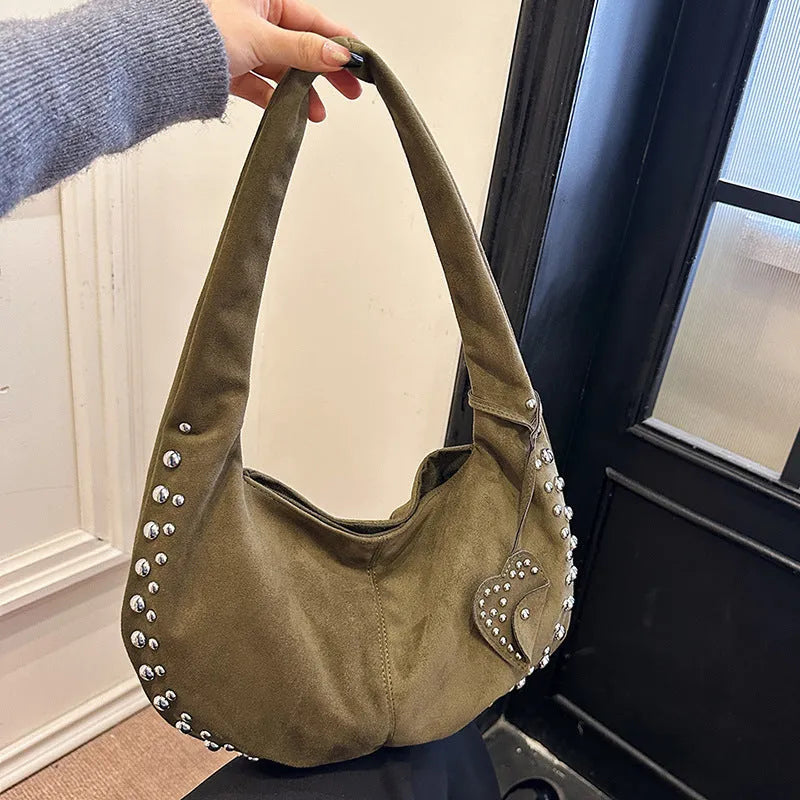 Soft plush casual tote handbag in retro style showing colour options including black, brown, green, red and coffee