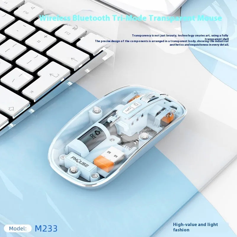 Transparent plastic wireless optical mouse for computers with USB connection in space blue colour