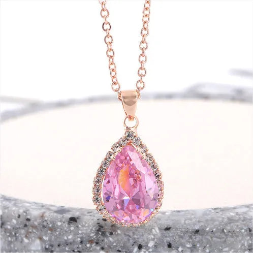 Water drop rose gold rhinestone geometric necklace pendant in pink colour with alloy construction