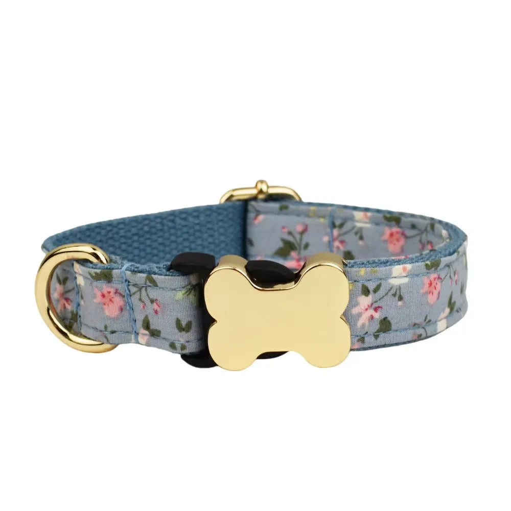 Nylon dog collar with printed grid pattern and bone buckle in multiple colour options