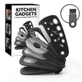Six kitchen gadgets with brush in stacking configuration showing stainless steel and plastic components