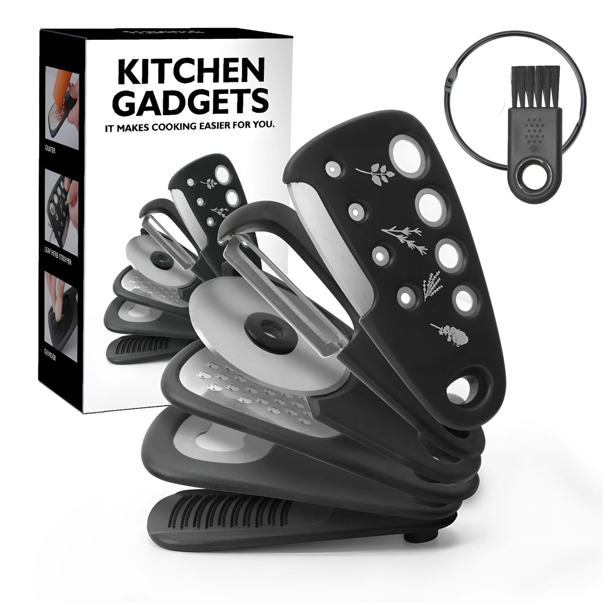 Six kitchen gadgets with brush in stacking configuration showing stainless steel and plastic components