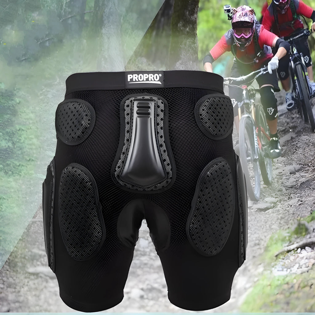 Black cycling hip protection pants with integrated padding for mountain and road biking safety