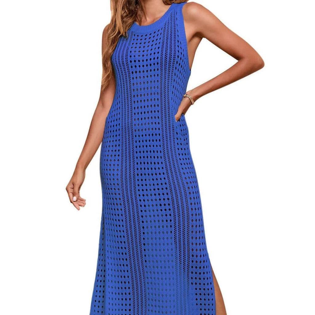Long loose knitted beach blouse for women in a solid colour with a hollow-out design.