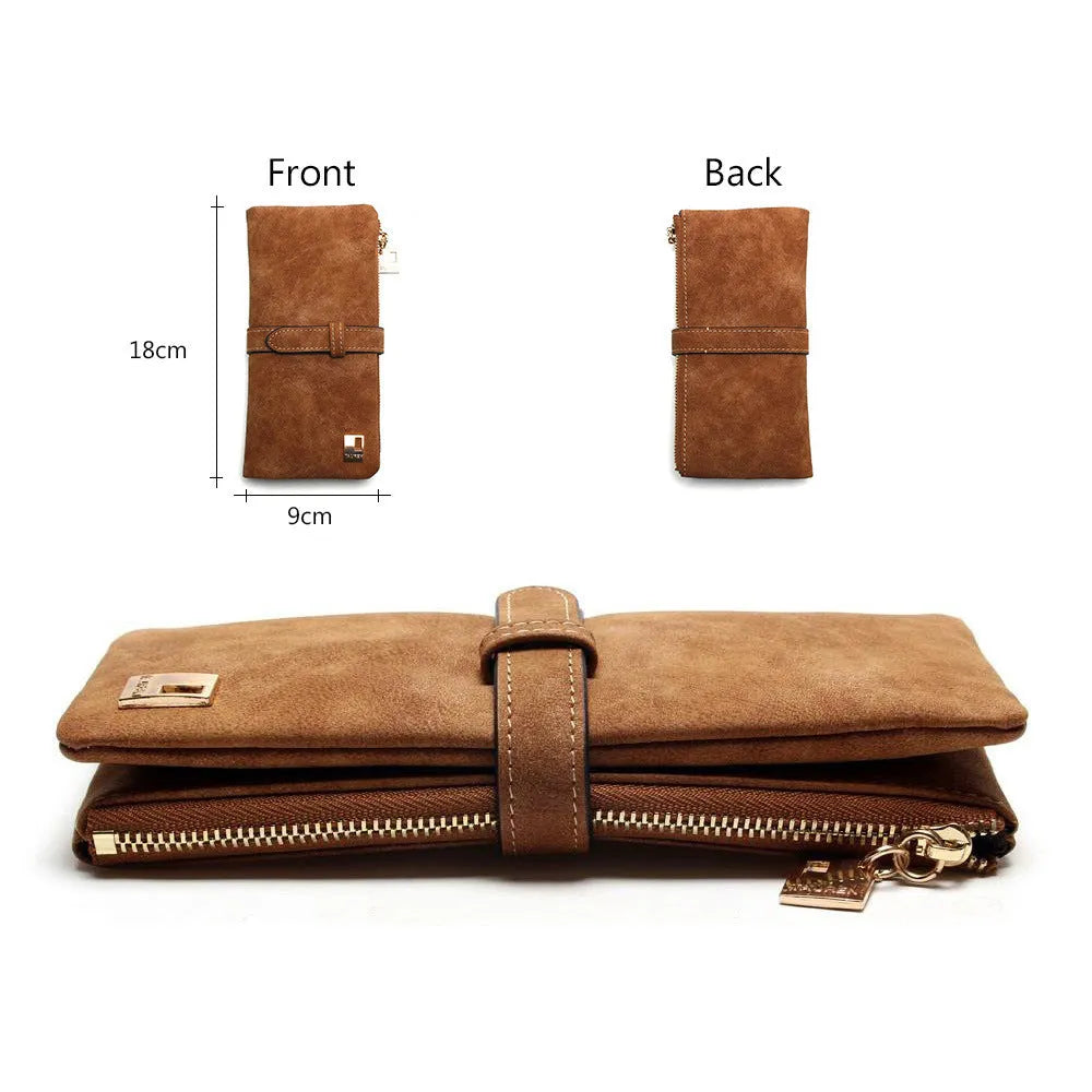 Women's vertical long retro wallet in matte PU leather with zip, shown in Army green colour