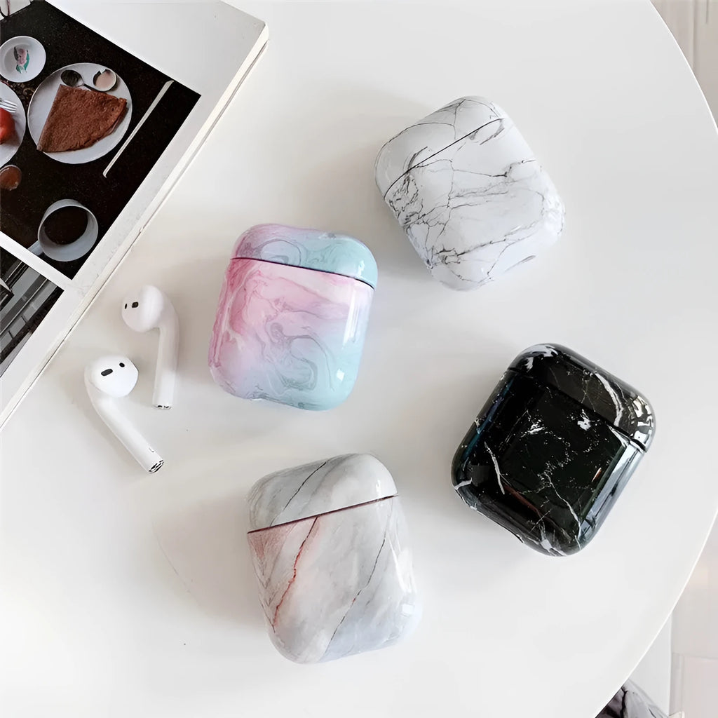 White marble hard PC protective case covering Apple AirPods wireless earphone charging box