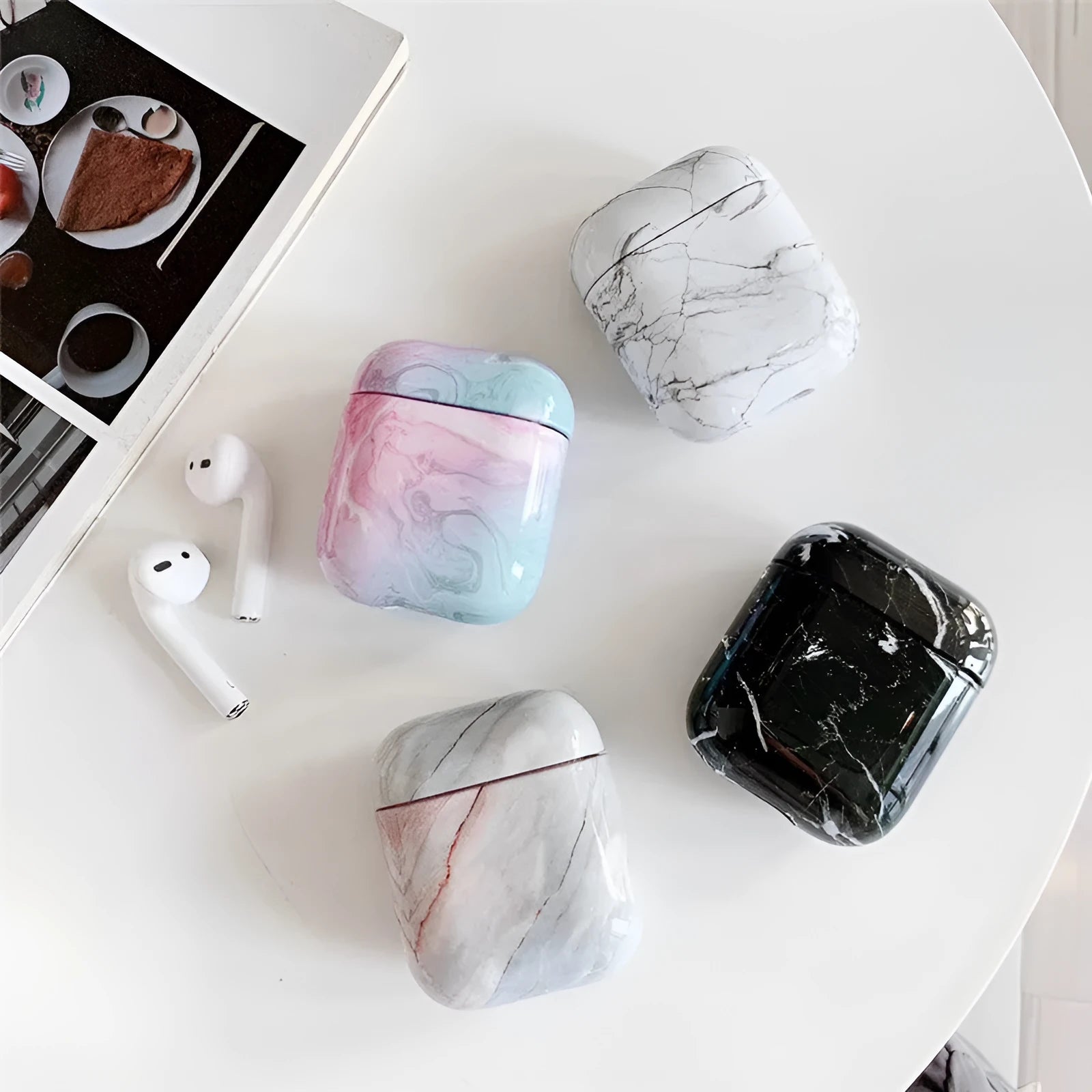 White marble hard PC protective case covering Apple AirPods wireless earphone charging box