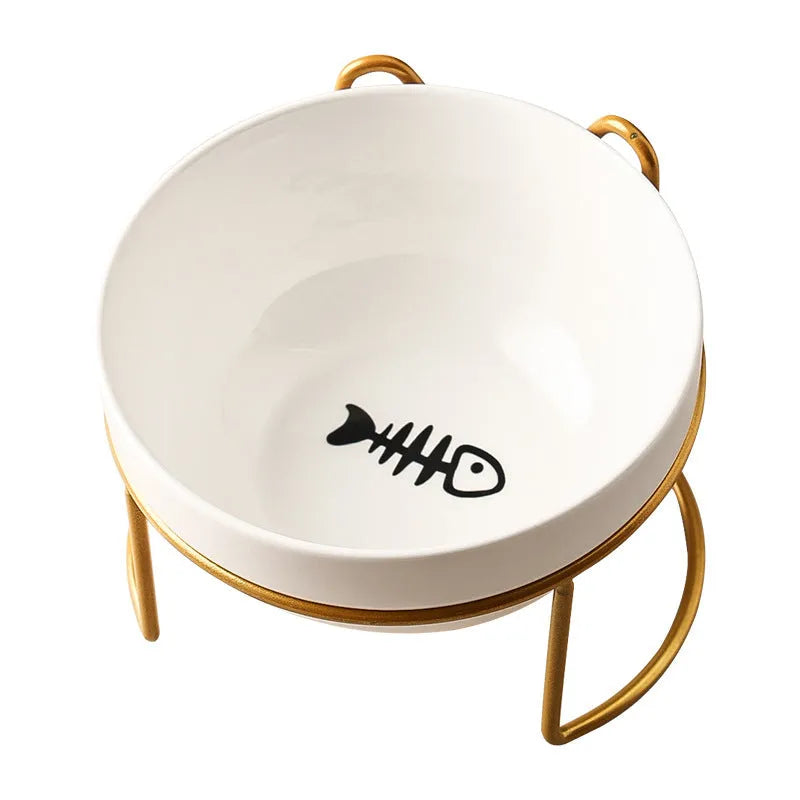 White ceramic cat bowl with cat paw design in black iron frame