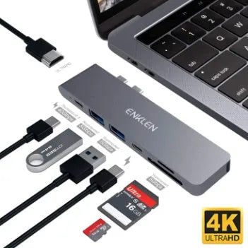 USB C adapter with SD card reader showing Thunderbolt 3, USB 3.0, HDMI and charging ports