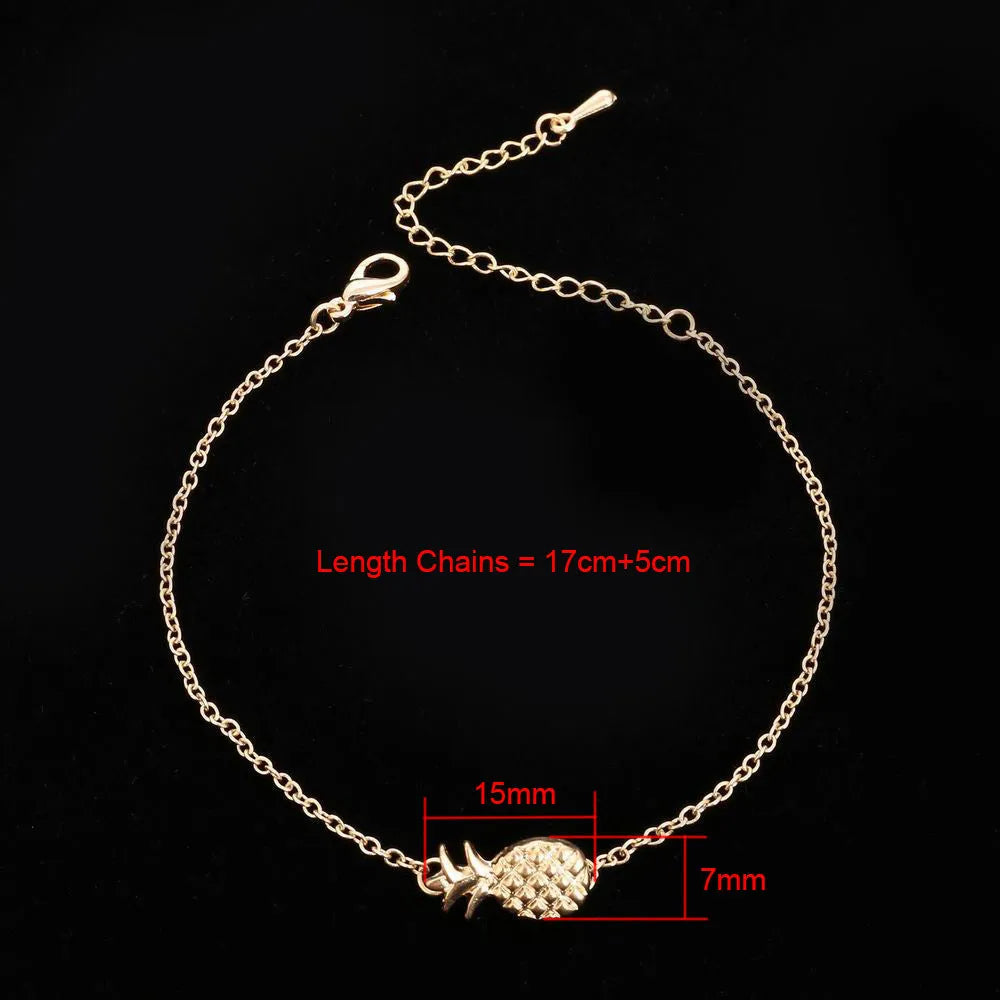 Gold or silver alloy women's bracelet with pineapple charm and adjustable closure