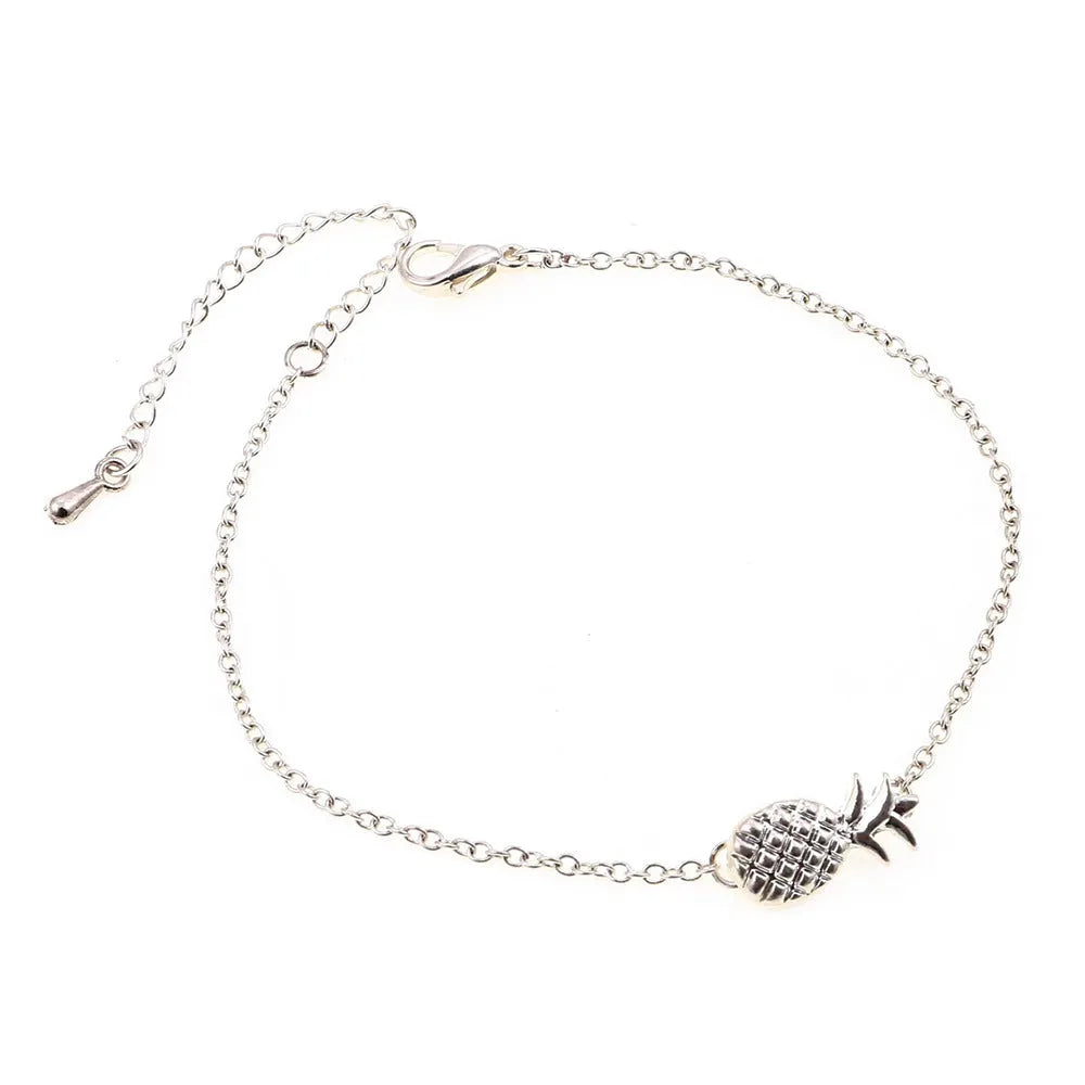Gold or silver alloy women's bracelet with pineapple charm and adjustable closure