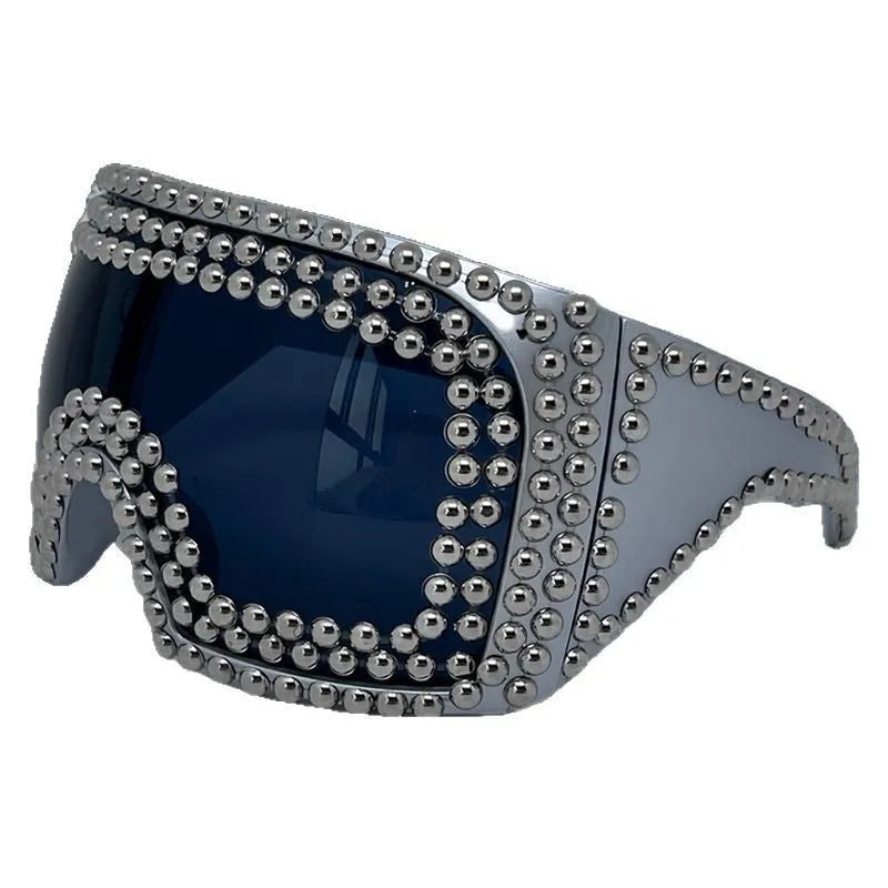 Men's punk sunglasses with large square frame and metal rivet detailing in silver colour