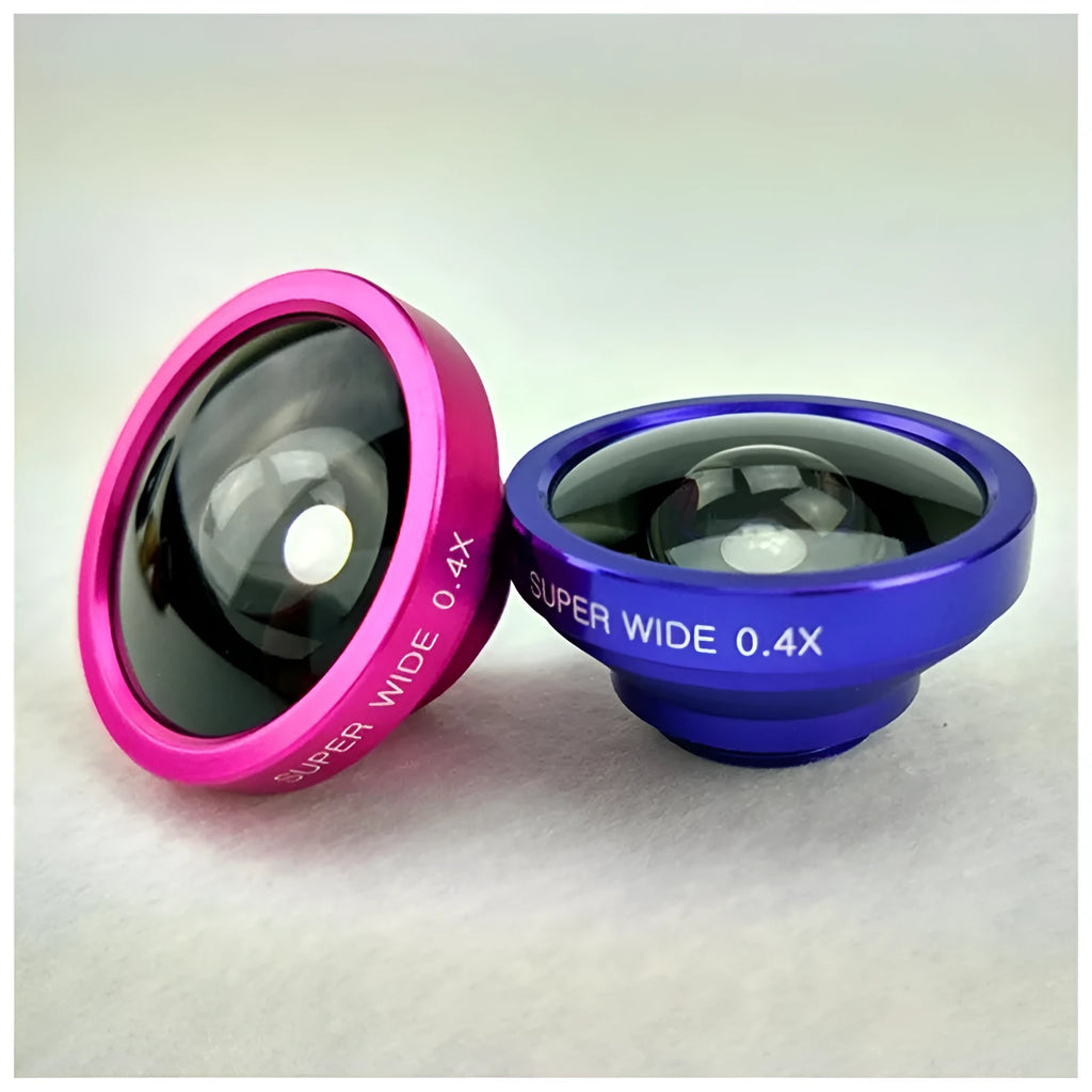 Smartphone camera lens kit with fisheye, macro, and wide angle lenses in aluminium alloy housing