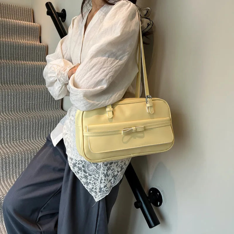 PU leather single-shoulder flap bag in horizontal square shape with double joint straps