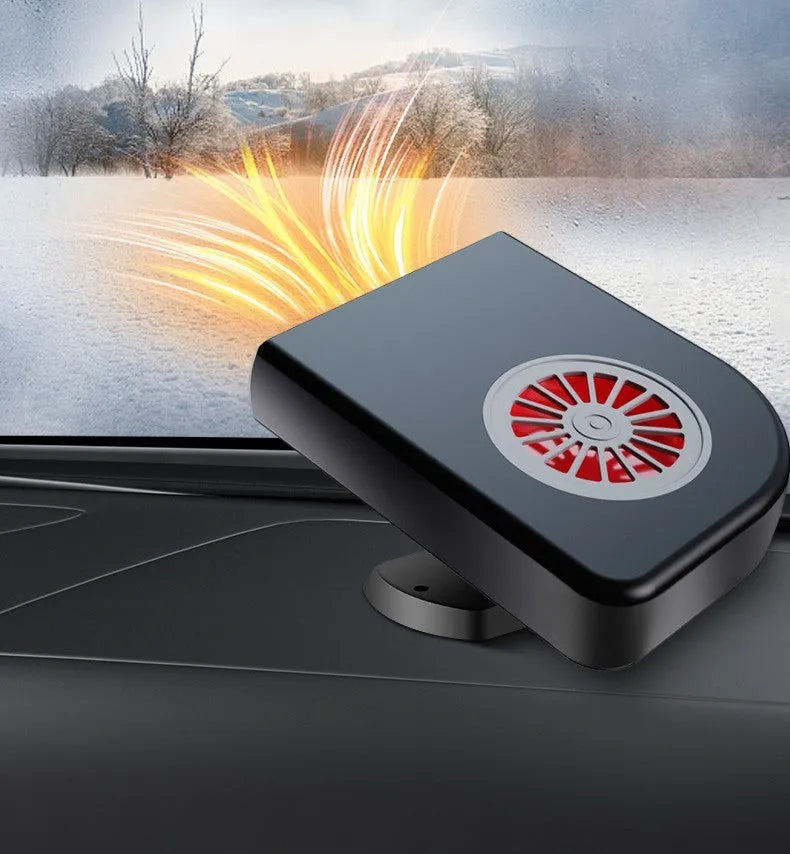 Black vehicle-mounted heater on car dashboard with adjustable vents for defrosting and defogging.