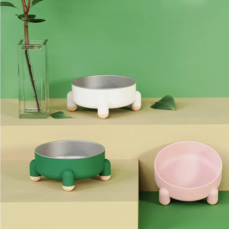 Stainless steel pet bowl with non-slip anti-overturn base in green, pink and white colour options