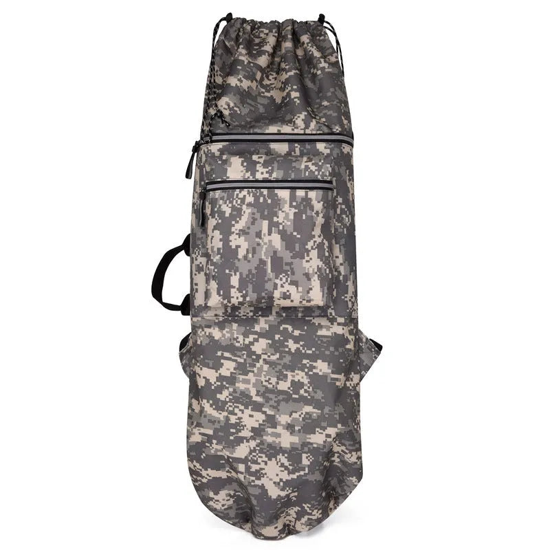 Lightweight waterproof nylon skateboard bag in camouflage colour with skateboard and fishing rod storage