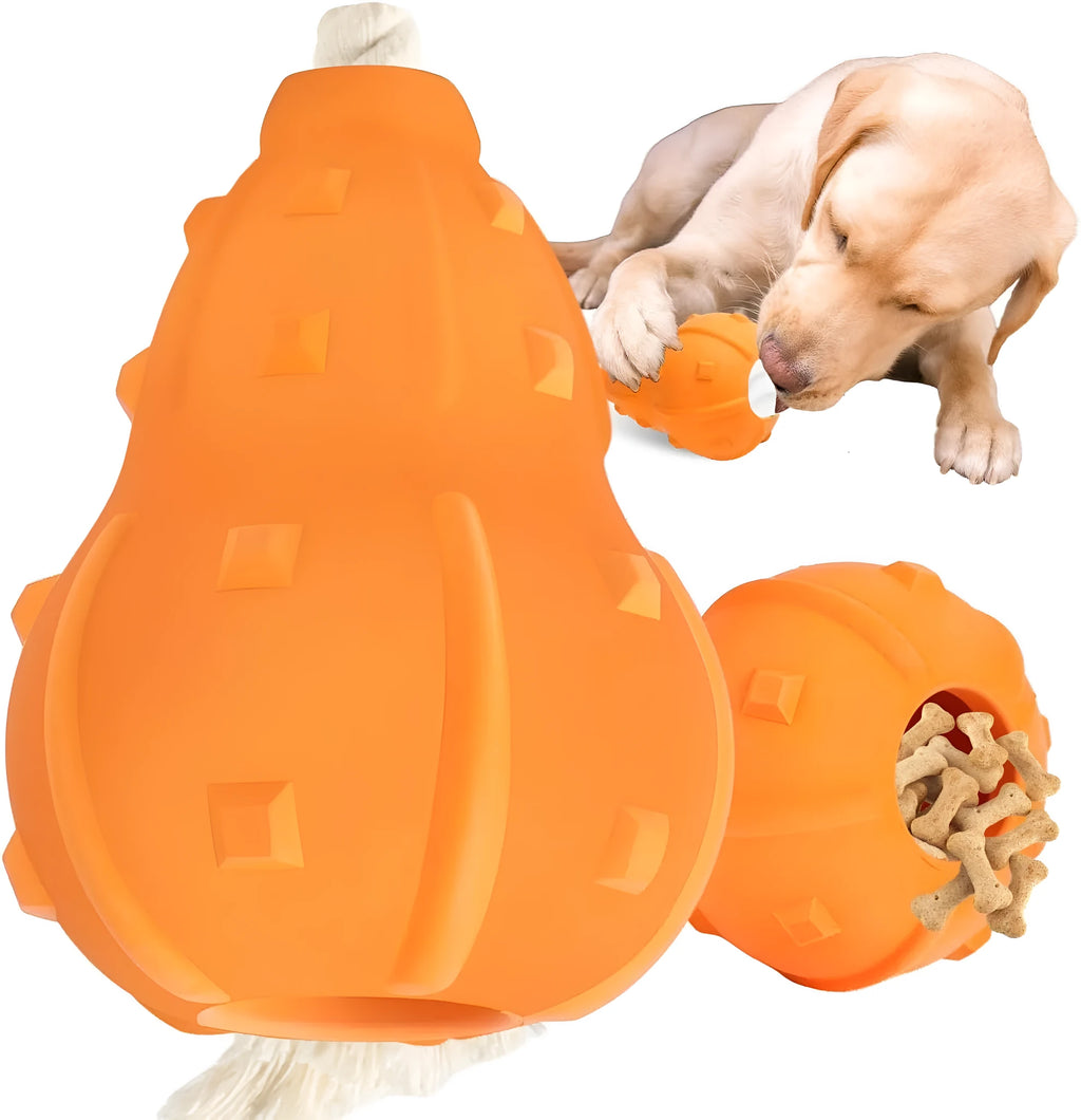 Natural rubber stuffable dog toy with treat hole and strap for small medium breed dogs.