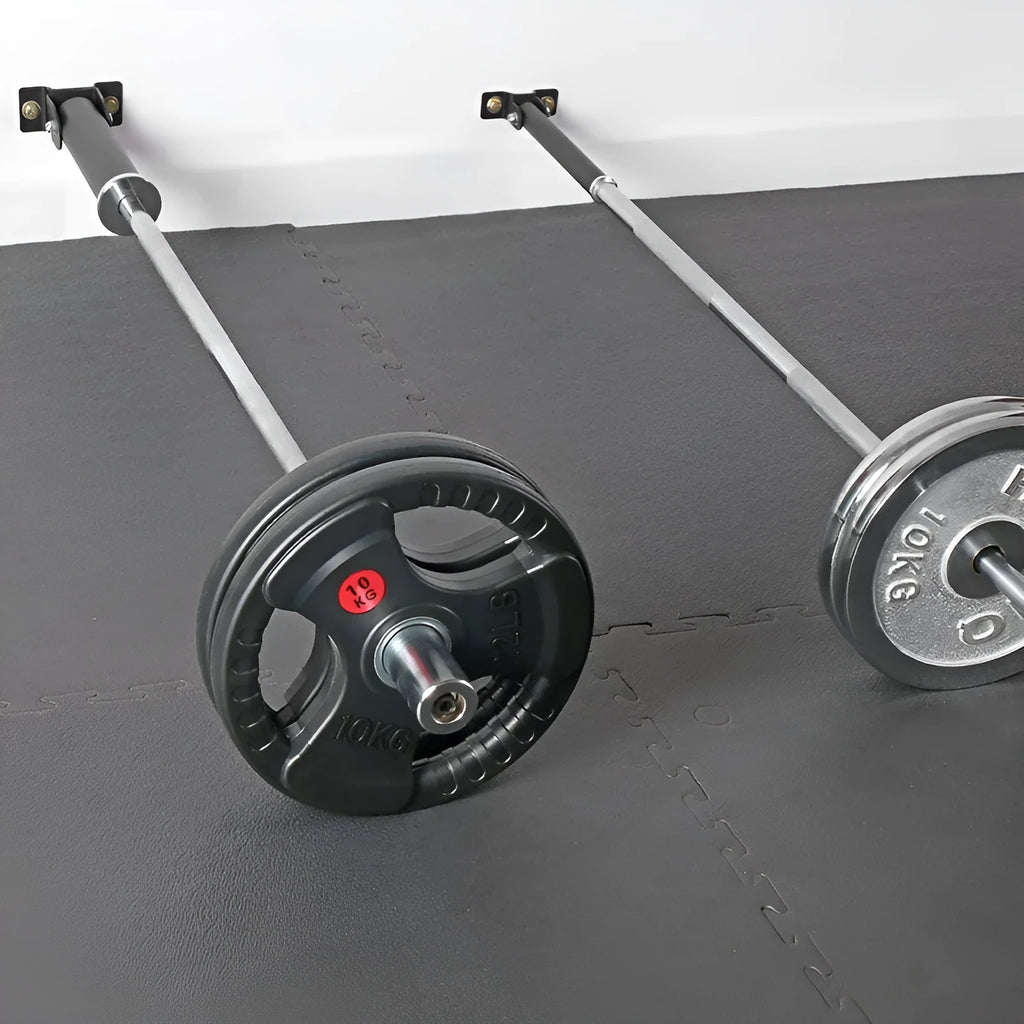 Steel wall-mounted barbell rod rack with 25 tubes for gym or industrial storage