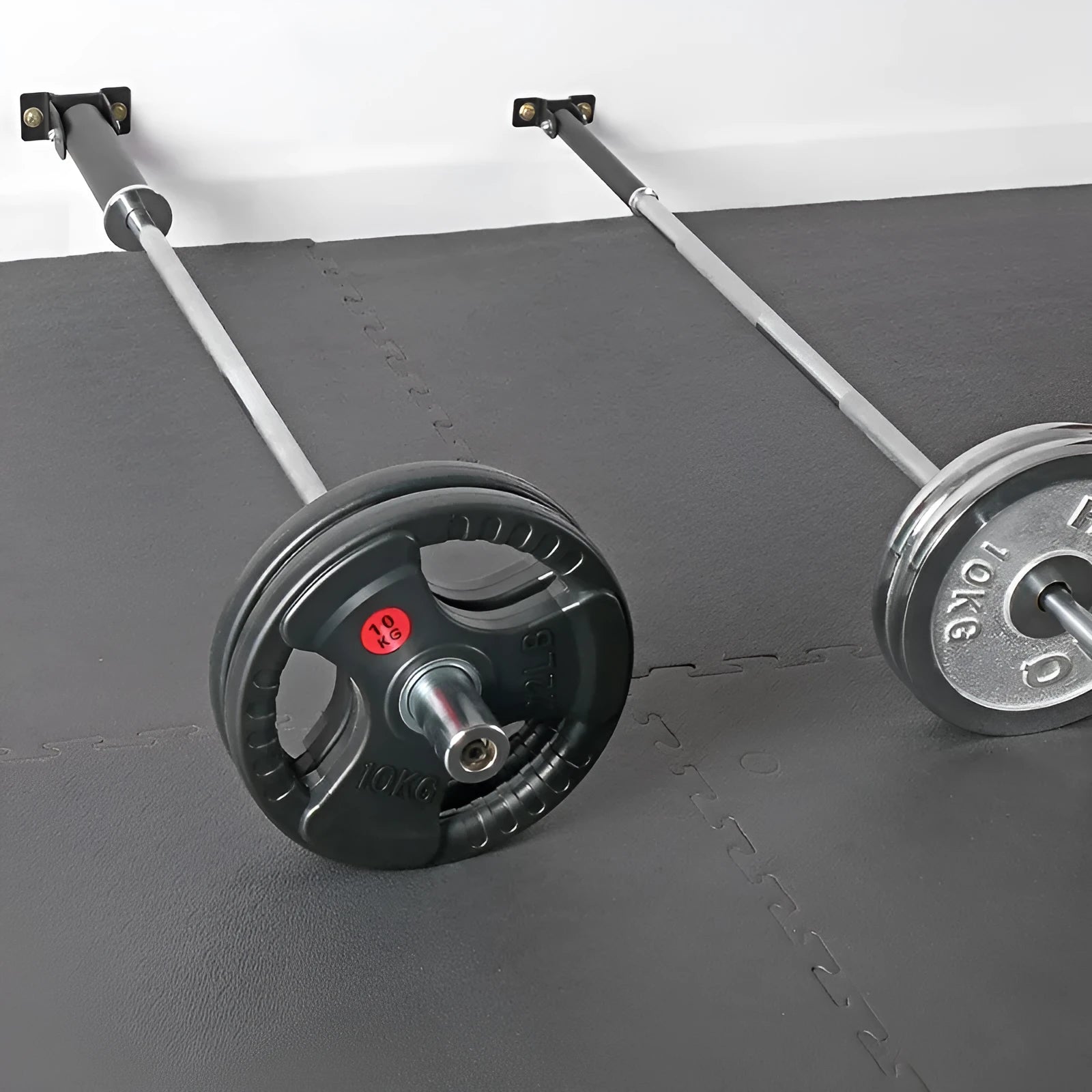 Steel wall-mounted barbell rod rack with 25 tubes for gym or industrial storage