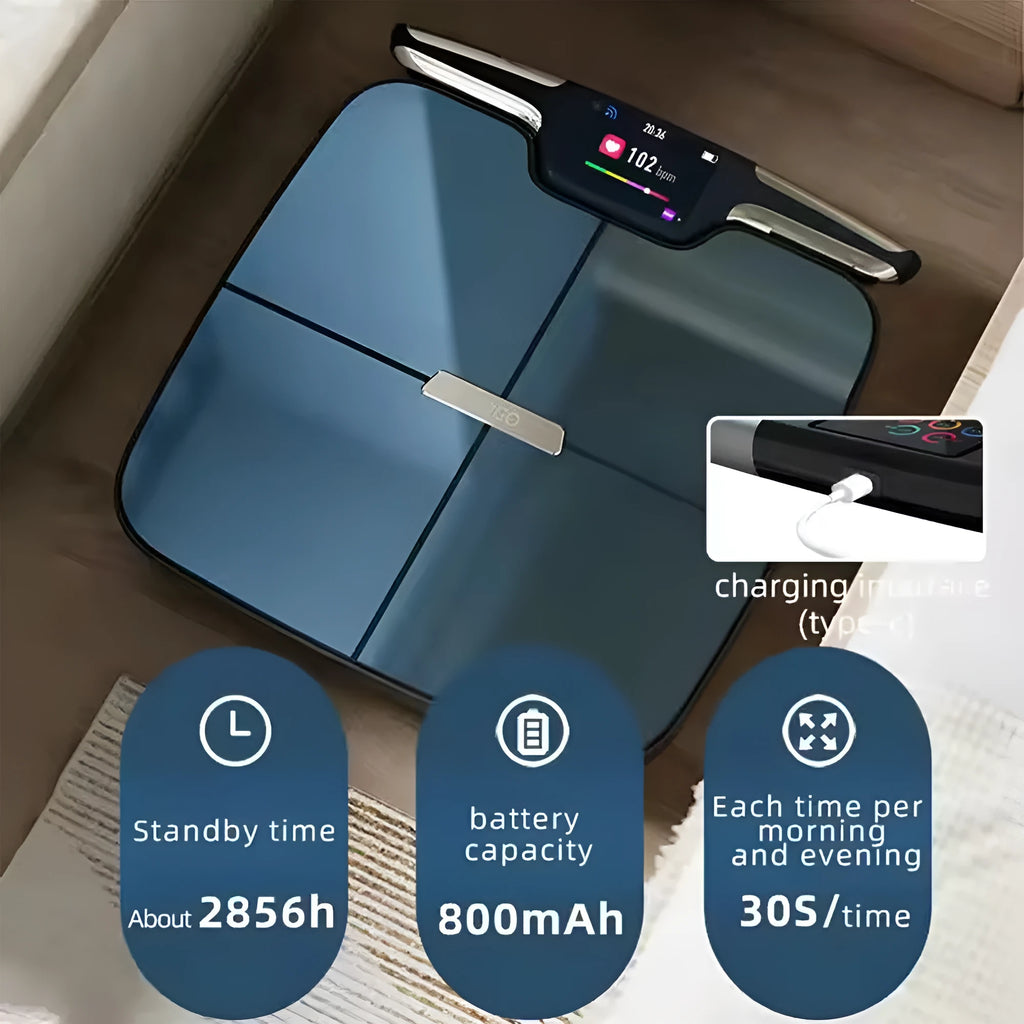 Black eight-electrode body fat intelligent scale showing display and platform