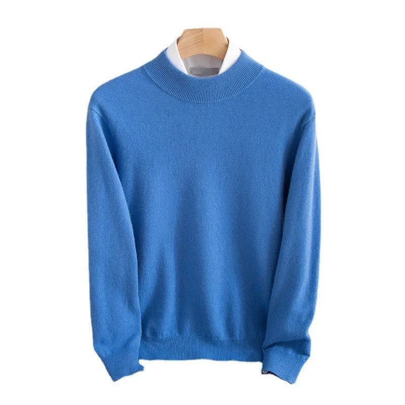 Men's half turtleneck wool sweater in a loose fit, shown in a range of colour options.