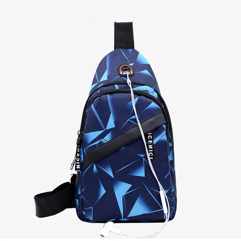 Black Oxford cloth crossbody chest bag for men with a visible earphone hole and zipper.