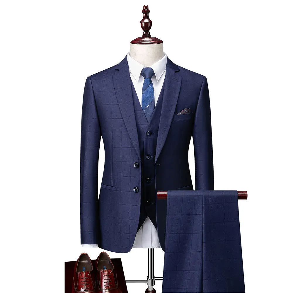 Men's navy blue plaid slim fit three-piece suit with vest, jacket, and trousers