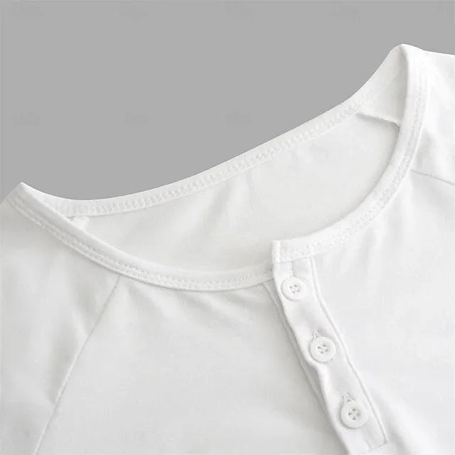 Men's white long-sleeved t-shirt with henry collar and pullover design