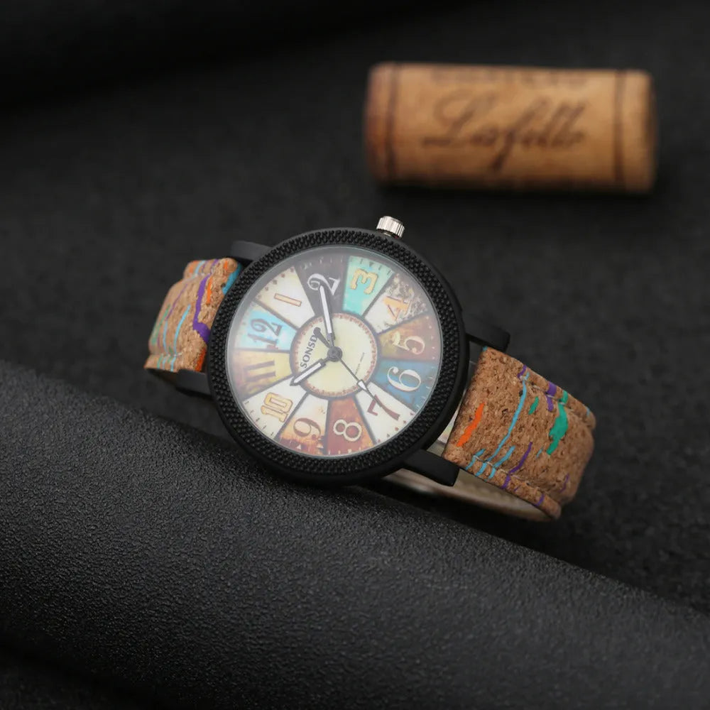 Women's vintage leather wrist watch with round 37mm dial and stainless steel buckle