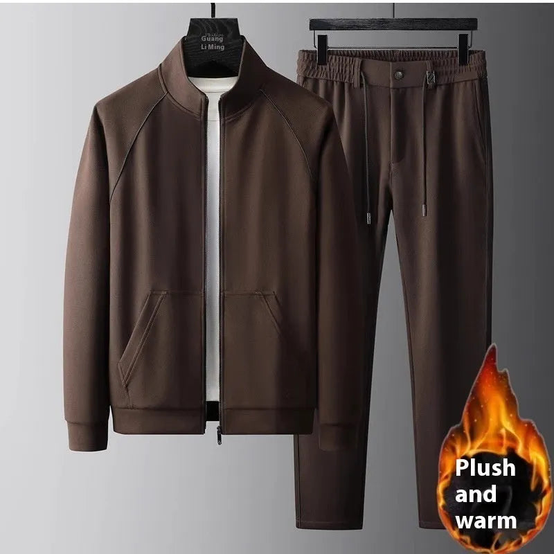 Stand collar casual sports suit comprising a coat and trousers in a slim fit, shown in coffee colour.