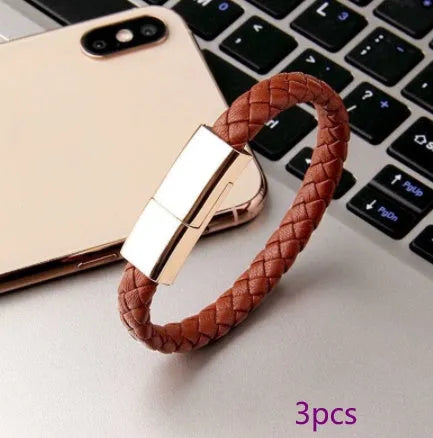 Black braided PU leather bracelet charger USB data cable with zinc alloy joints, 20cm or 22.5cm