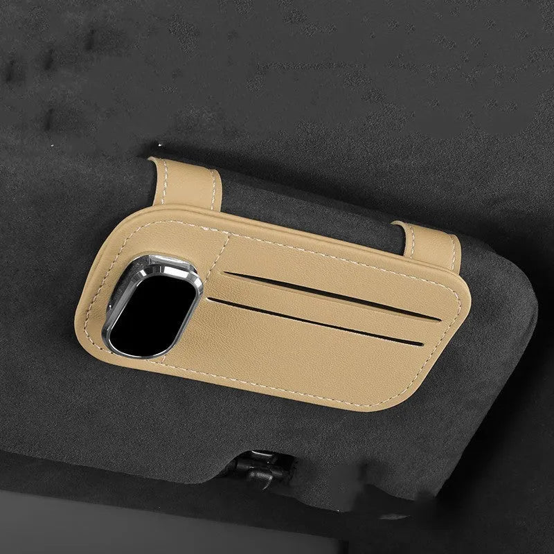 Automotive sun louver card holder in cowhide leather with snap-on clip for vehicle organisation