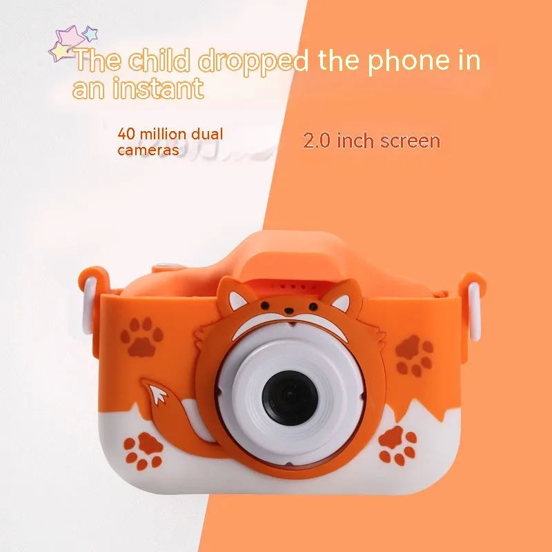 Blue HD cartoon children's digital camera with compact design on a lanyard.