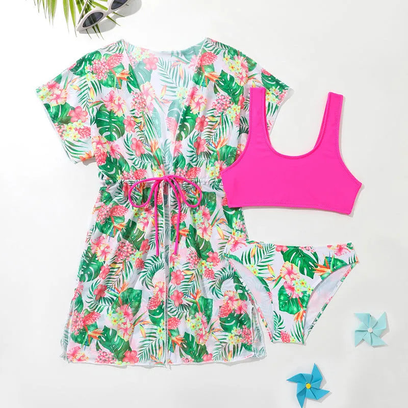 Girls' floral pattern two-piece polyester swimsuit for swimming ages 3-12