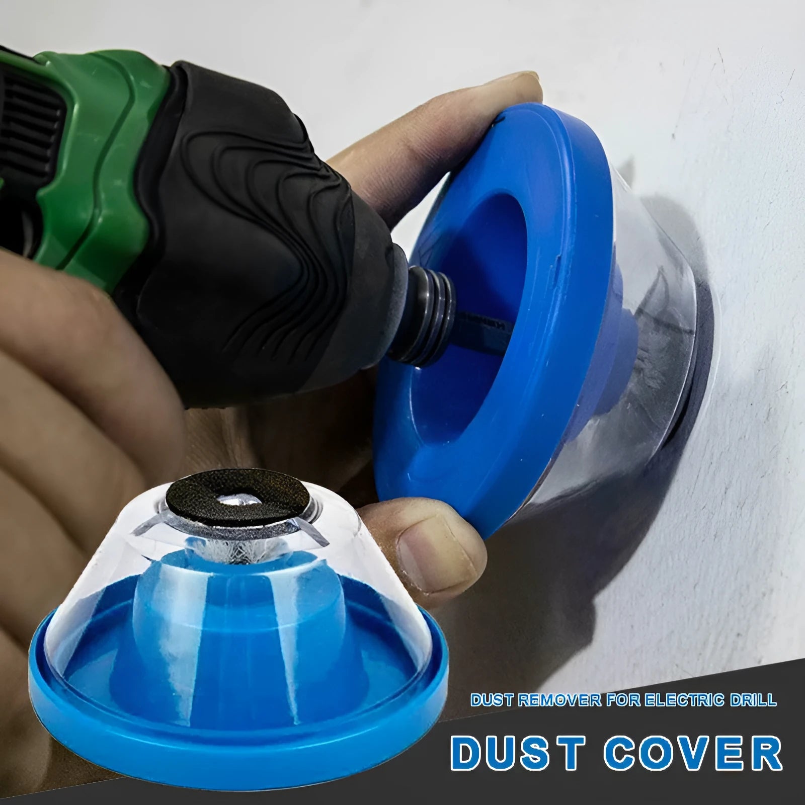Blue electric drill dust cover accessory for collecting debris when drilling holes.
