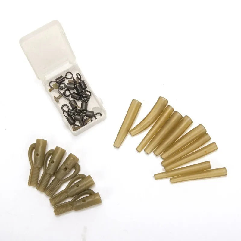 30-piece carp fishing accessory set with anti-winding pipes and threaded components
