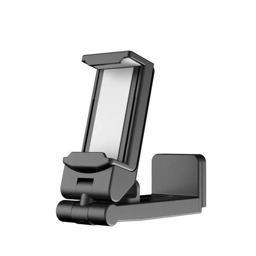 Foldable rotating phone holder in black showing multiple positioning angles for mobile phones