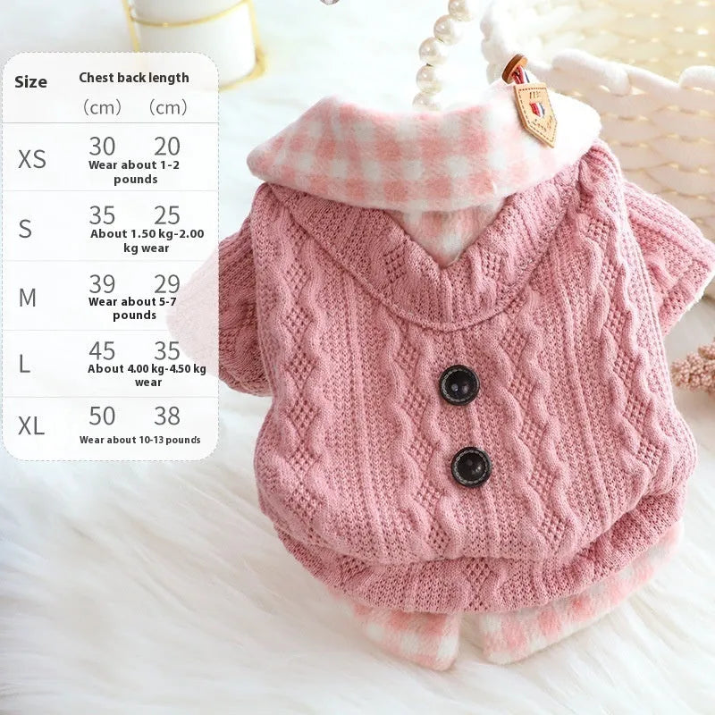 Blue and pink wool plaid dog sweater with two-piece fleece-lined design for pet warmth