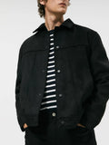 Men's black hooded jacket with suede collar showing side seam pockets and regular cut design