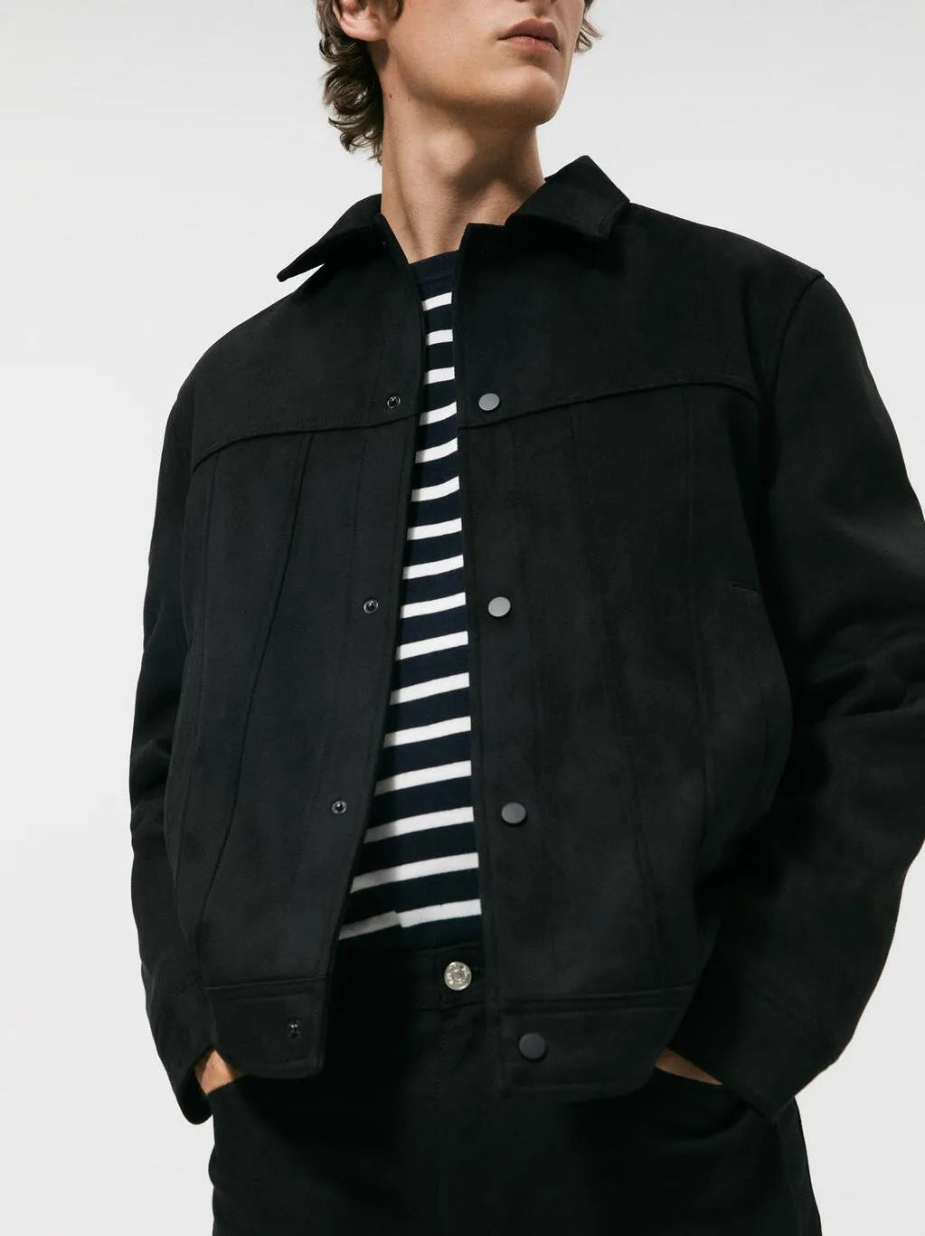 Men's black hooded jacket with suede collar showing side seam pockets and regular cut design