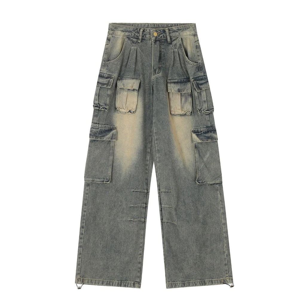 Light blue loose fit multi-pocket distressed jeans with straight leg cut and tooling style design