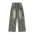 Light blue loose fit multi-pocket distressed jeans with straight leg cut and tooling style design